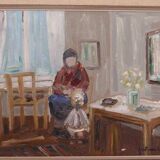 Original Swedish oil on canvas – “Figure in Interior” by Åke Wickström – vintage & framed – 57 × 66 cm