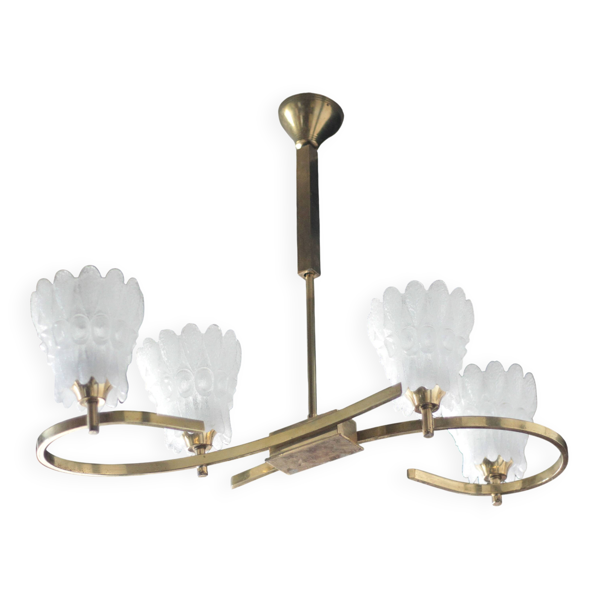 Vintage brass suspension with thick milk glass globe, brass chandelier.