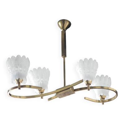 Suspension laiton vintage avec globe verre de lait épais, lustre laiton