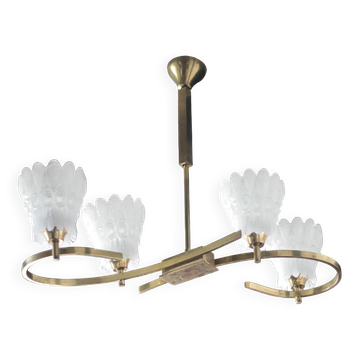 Vintage brass suspension with thick milk glass globe, brass chandelier.
