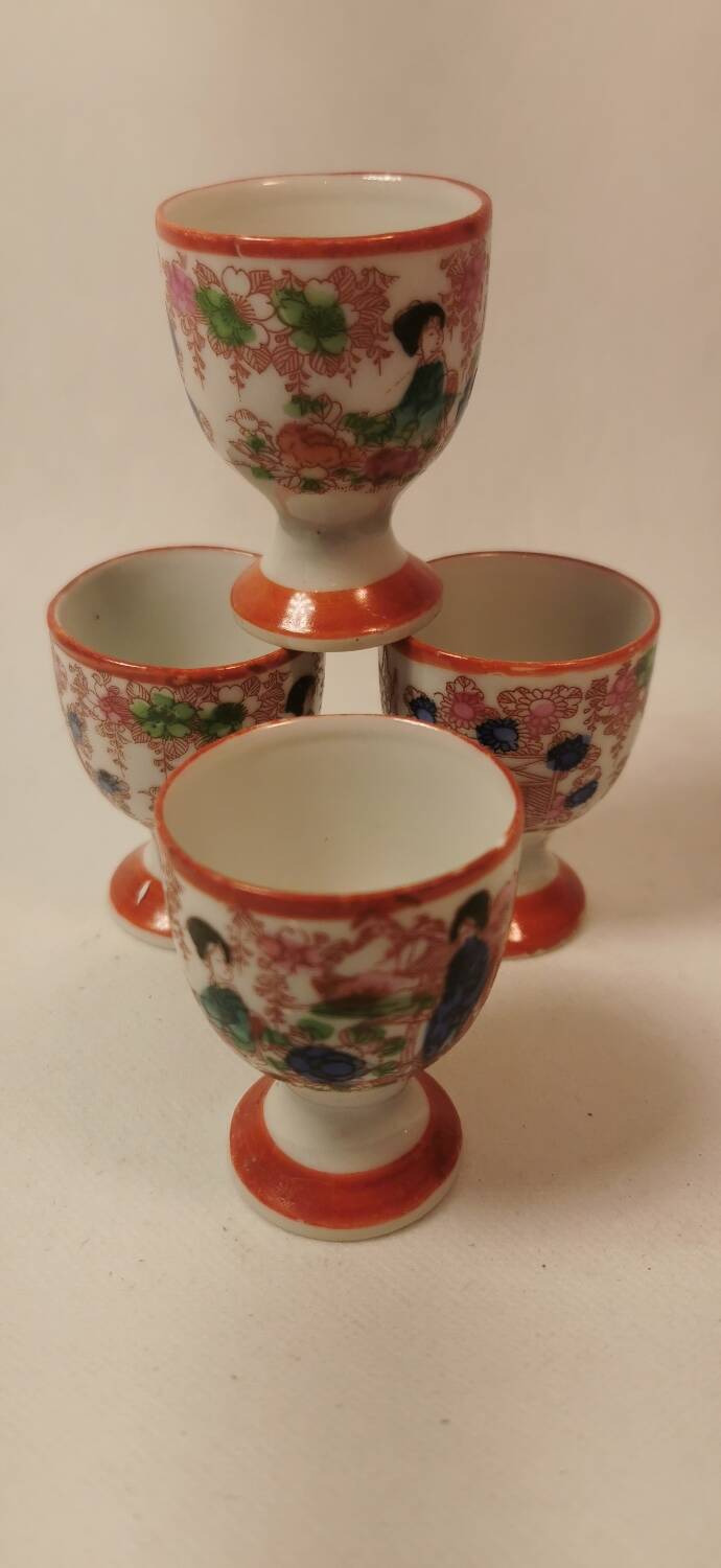 Rare 4 Antique Egg Holders / Egg Cups, Japanese, hand-painted porcelain