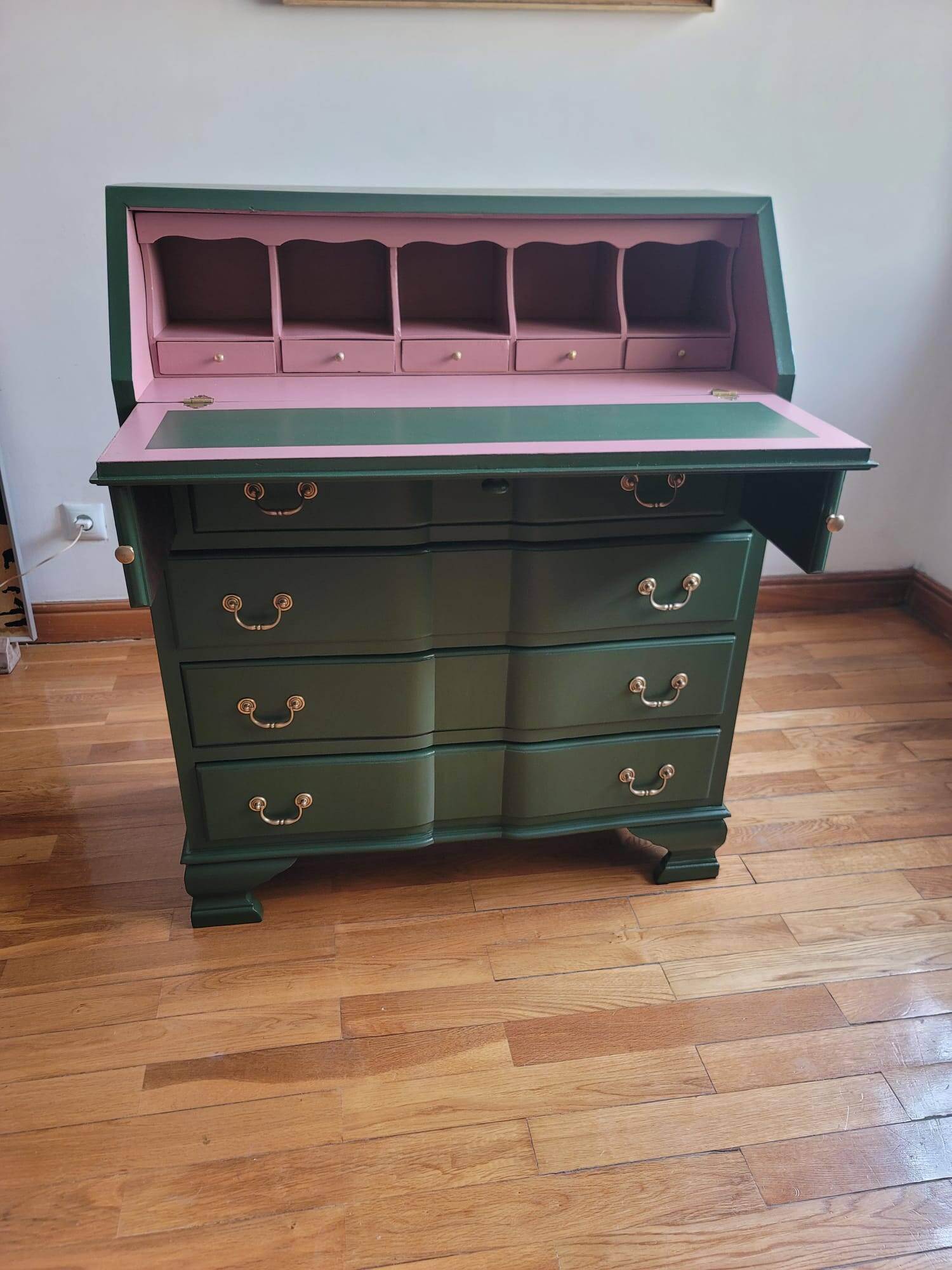 Vintage upcycled secretary in green and pink, original handles.
