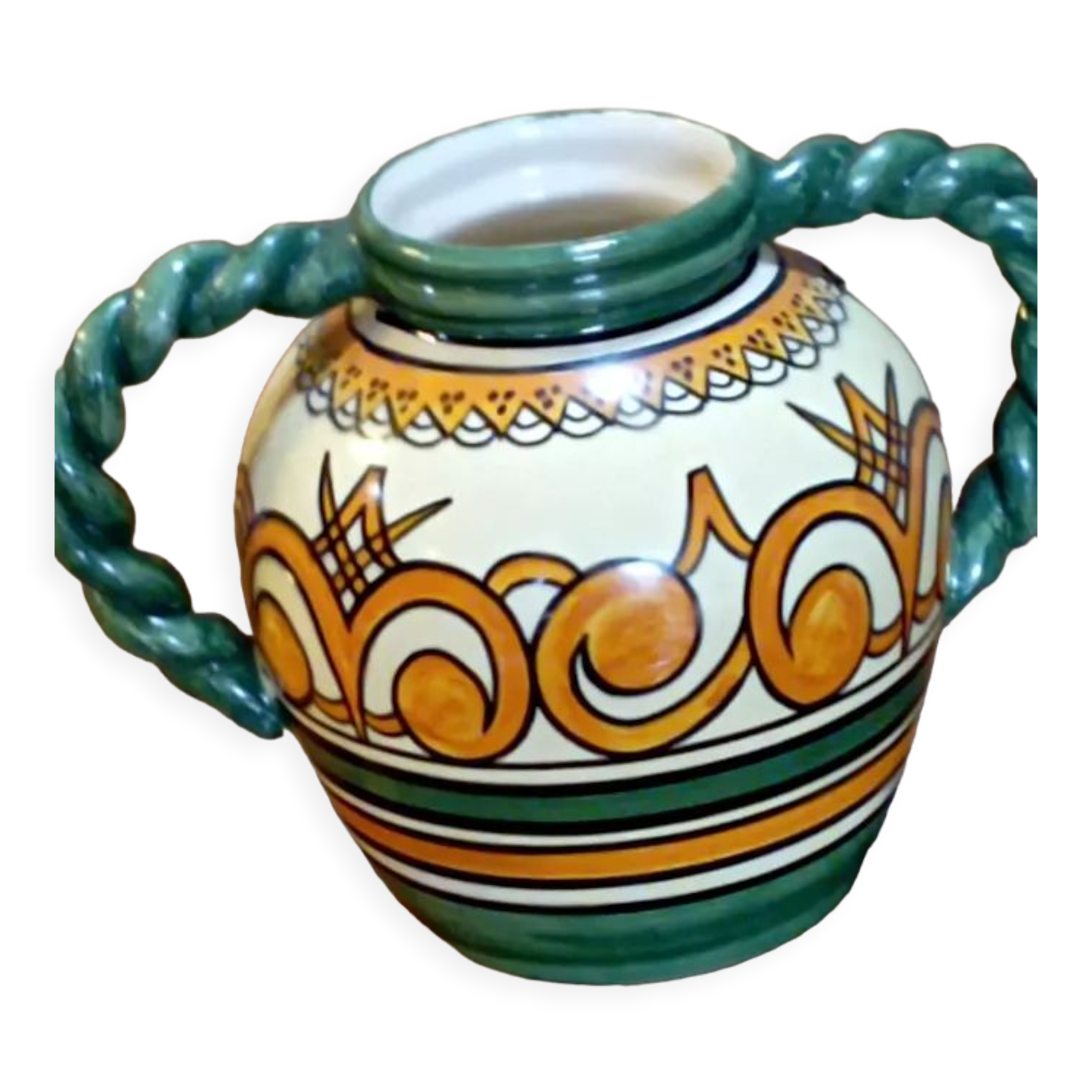 Henriot Quimper ball vase orange green arabesques