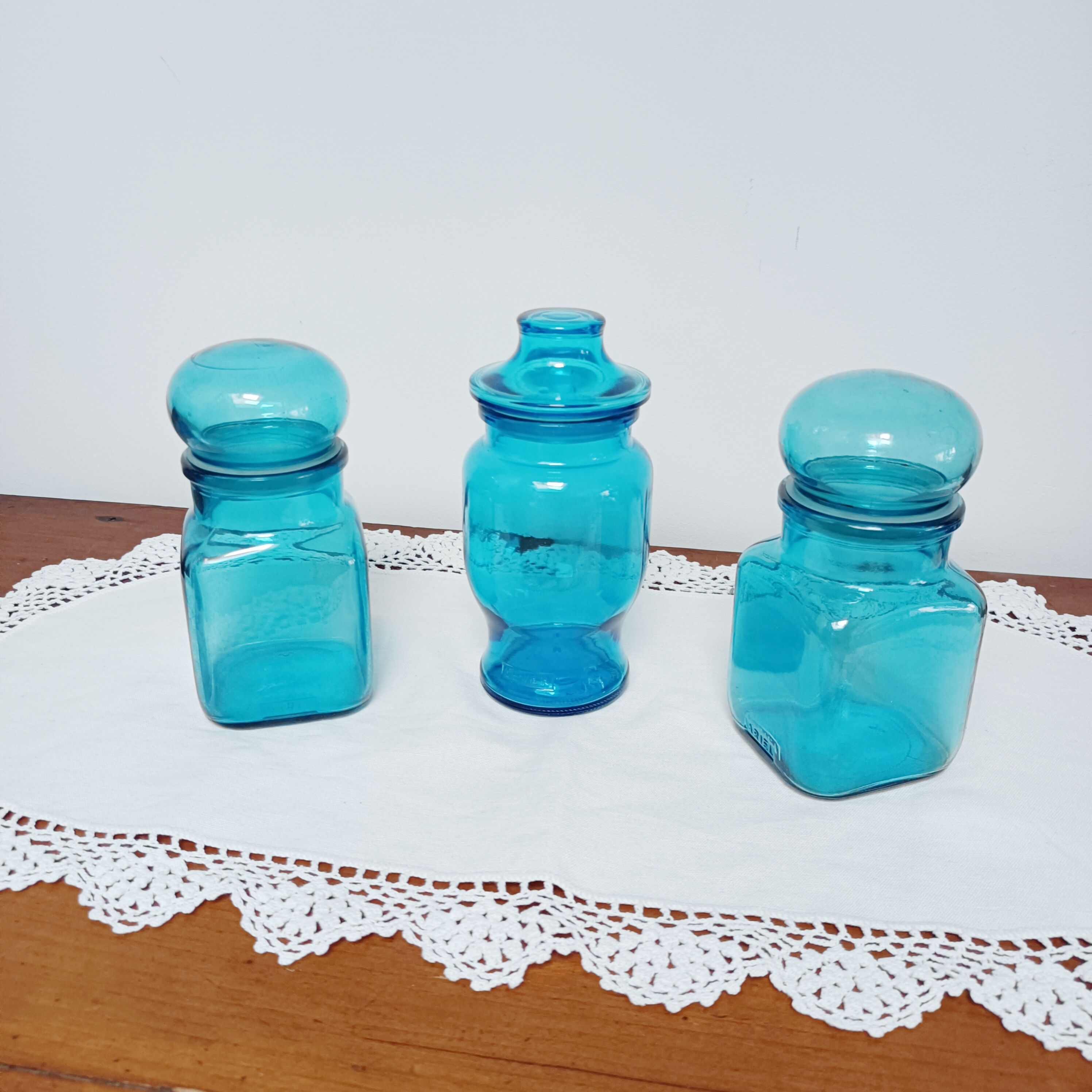Set of 3 blue glass apothecary jars