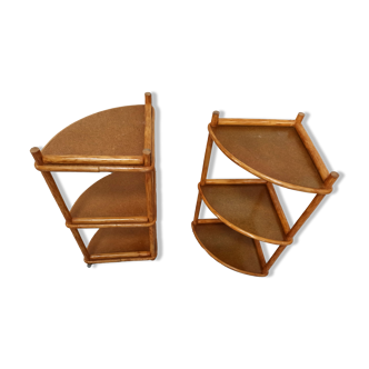 Pair corner shelves bamboo and braided rattan angle bedside tables shelf