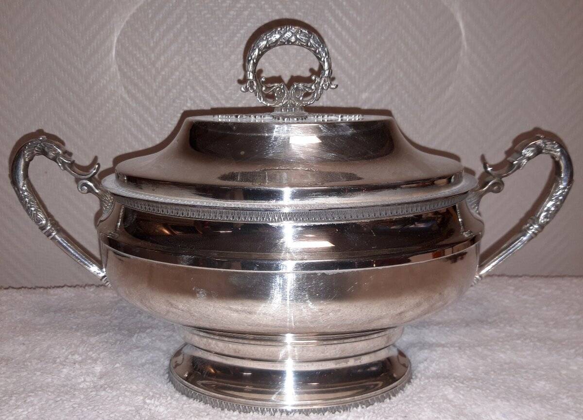 Antique silver-plated soup tureen – decorated handles – classic style