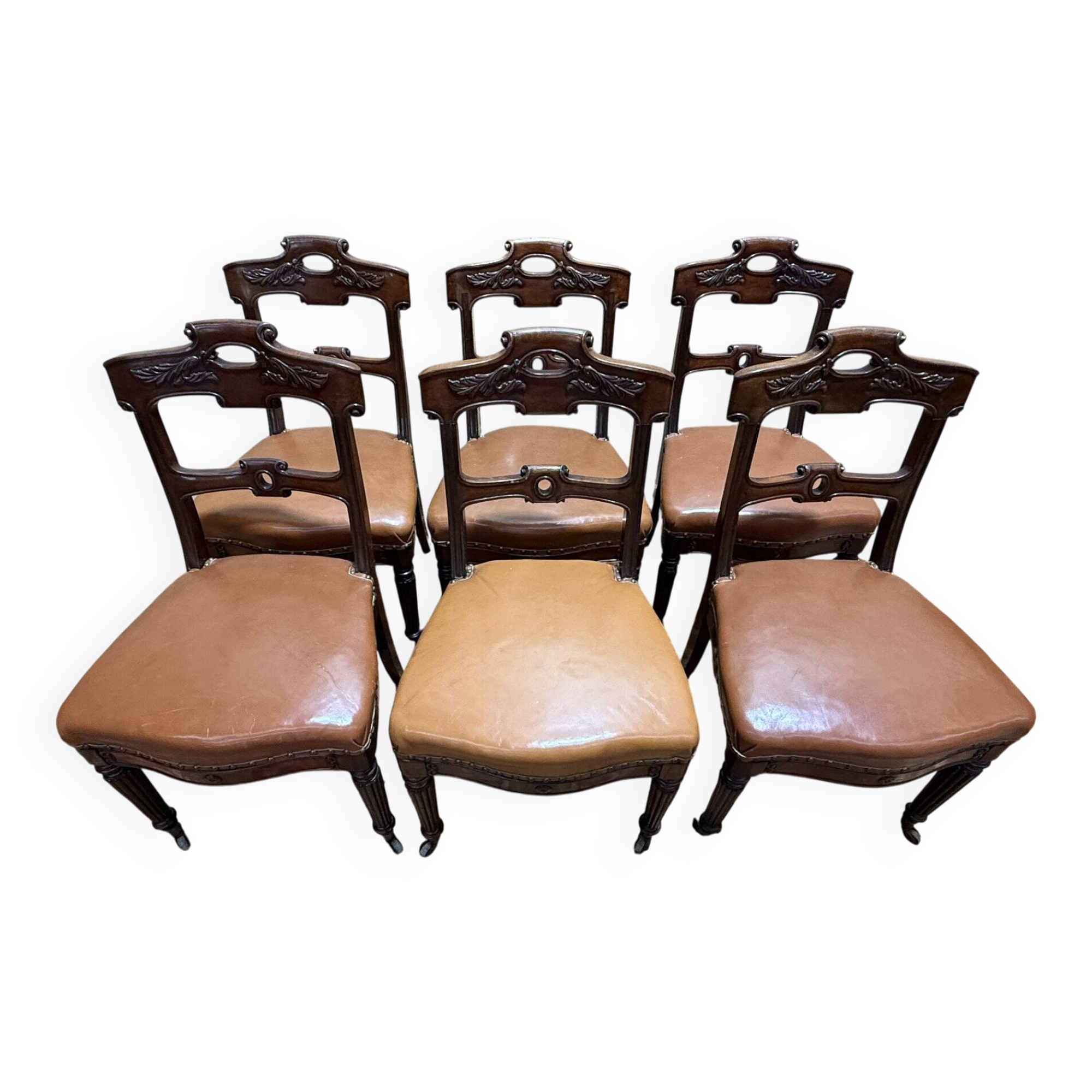Set of 6 Napoleon III period chairs in mahogany and leather