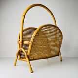 Vintage bamboo and Vienna straw magazine rack, 1960s.