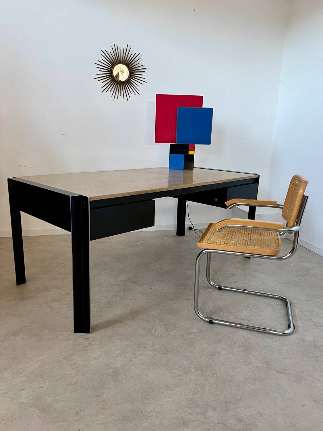 Italian design postmodern desk in metal and vintage 80s travertine top