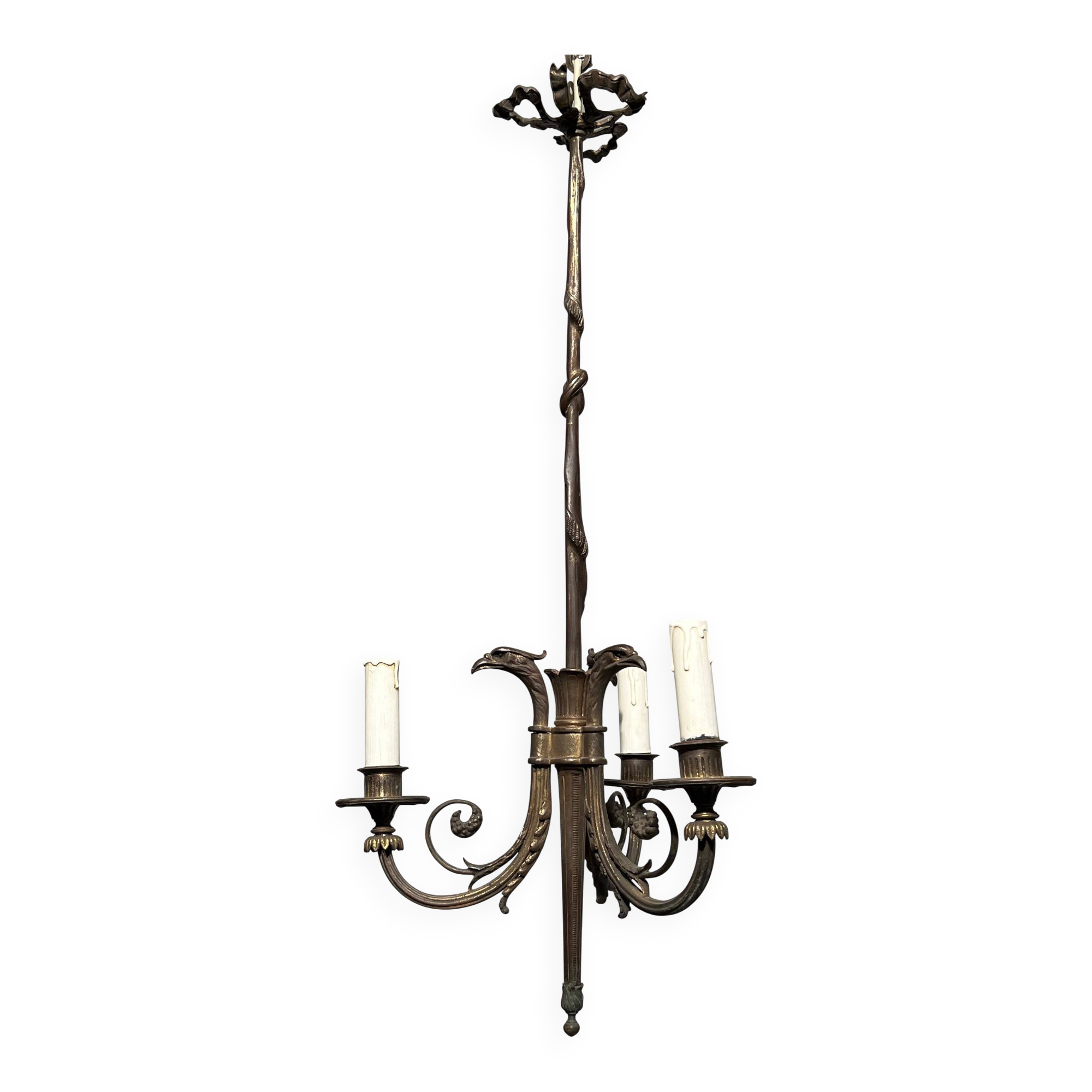 Empire-style bronze chandelier with 3 arms of light topped with eagle heads. French work. Circa 1900.
