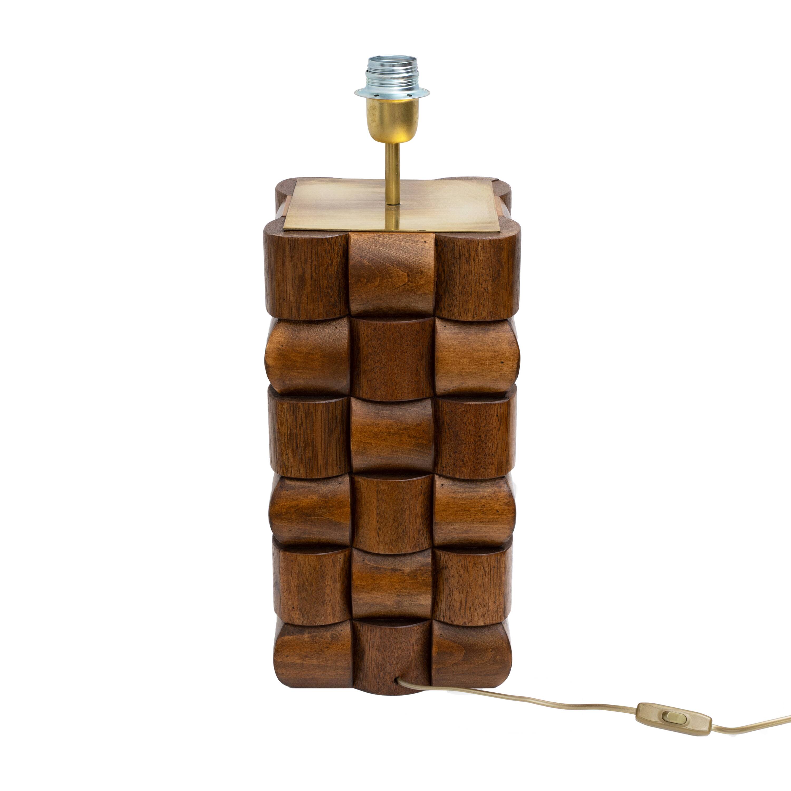 Pair of Sculptural Teak and Brass Table Lamps, Italy