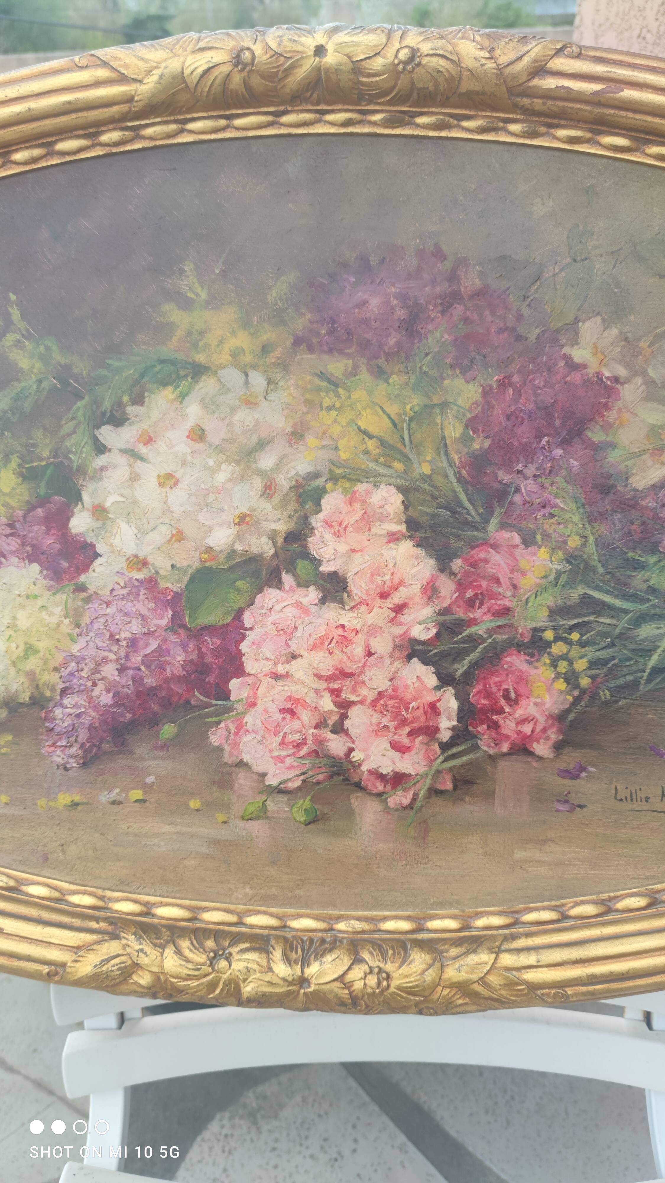 Elliptical table still life bouquet of flowers oil on wood by Lillie Honnorat