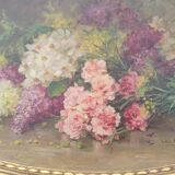 Elliptical painting still life bouquet of flowers oil on wood by Lillie Honnorat