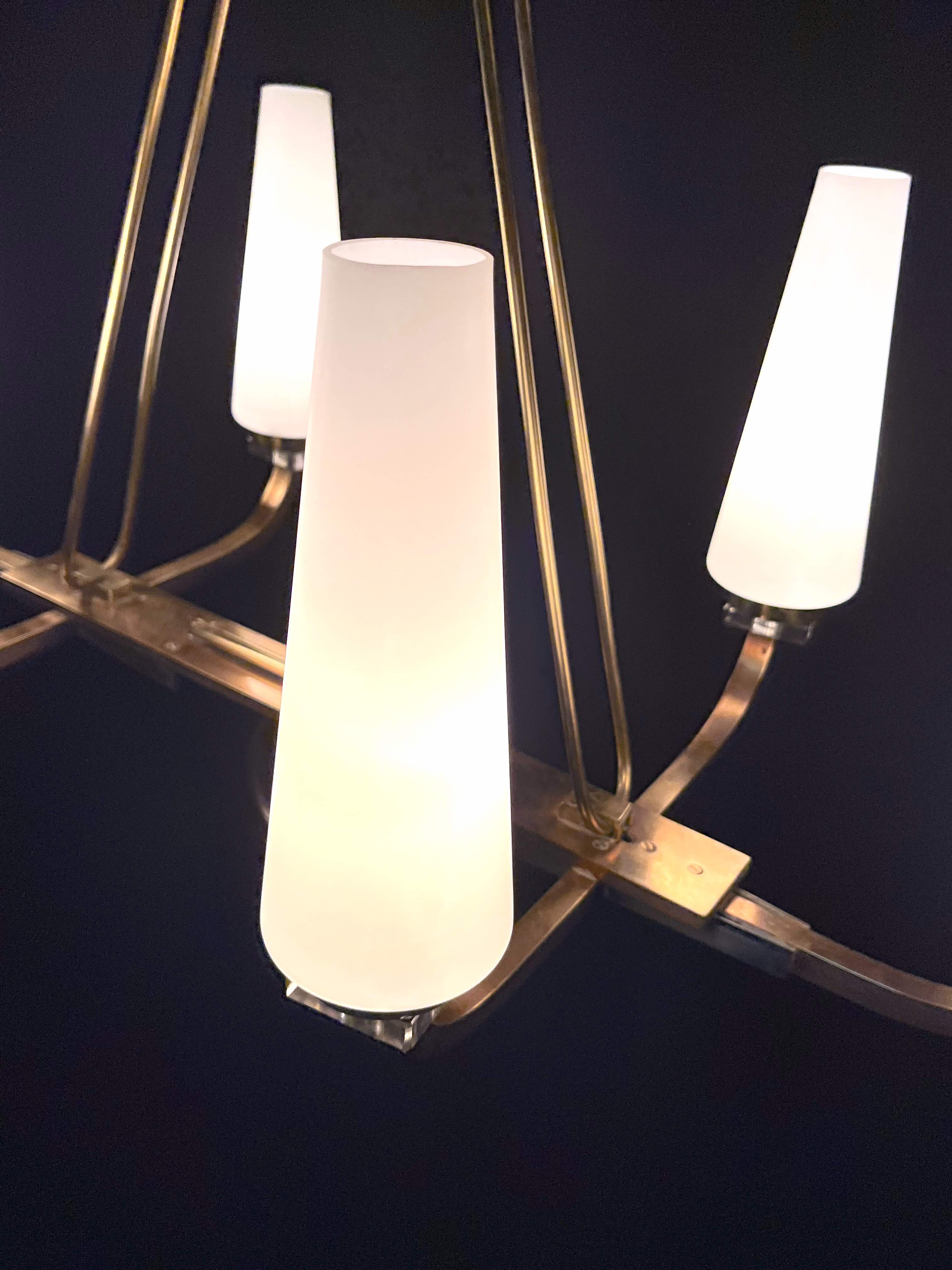 Maison Lunel certified bronze chandelier, six conical opalines, mid-century France