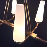 Maison Lunel certified bronze chandelier, six conical opalines, mid-century France