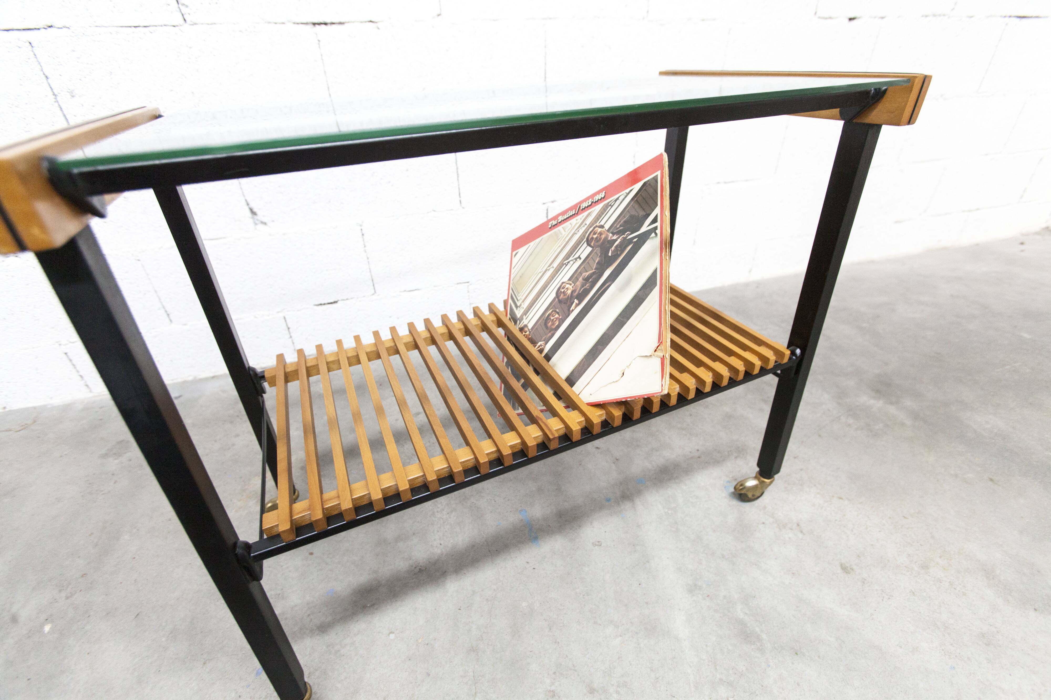 1960s serving cart, hi-fi cabinet on casters, teak, black metal, glass