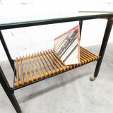 1960s serving cart, hi-fi cabinet on casters, teak, black metal, glass