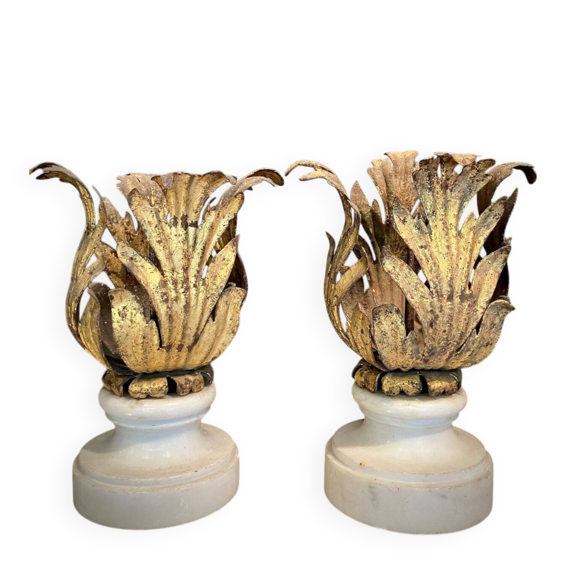 Florentine Renaissance Gilded Iron Acanthus Leaf Candleholders on Carrara Marble Bases, Set of 2