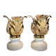 Florentine Renaissance Gilded Iron Acanthus Leaf Candleholders on Carrara Marble Bases, Set of 2