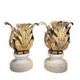 Florentine Renaissance Gilded Iron Acanthus Leaf Candleholders on Carrara Marble Bases, Set of 2