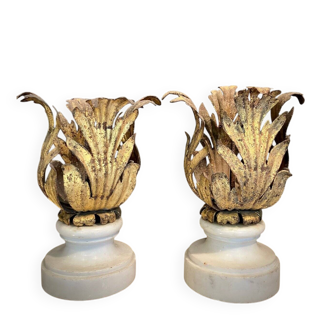 Florentine Renaissance Gilded Iron Acanthus Leaf Candleholders on Carrara Marble Bases, Set of 2