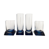 4 blue crystal glasses with rectangular base