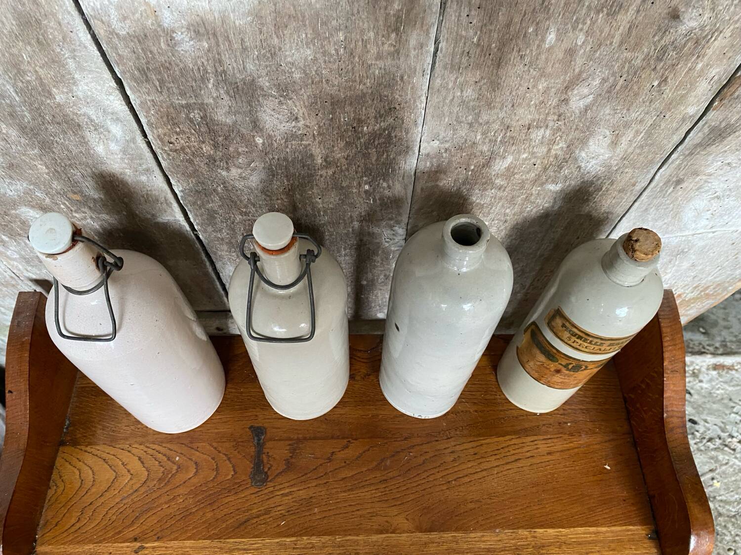 Set of 4 Old Grey Stoneware Bottles + Vintage Porcelain Stopper