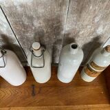 Set of 4 Old Grey Stoneware Bottles + Vintage Porcelain Stopper