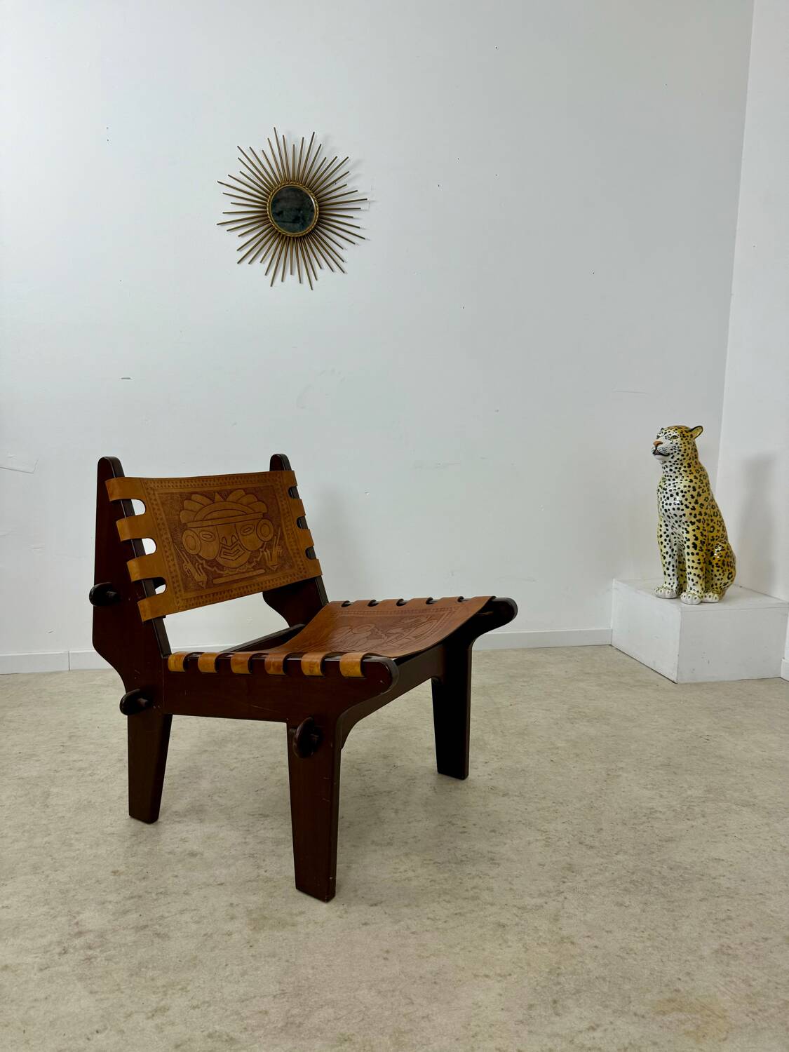 Vintage teak and leather armchair design Angel Pazmino brand Ecuador vintage 1960