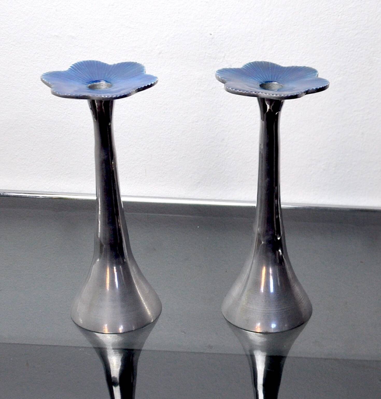 Pair of floral candlesticks by art3, aluminum and blue enameled ceramic, spain, 1980