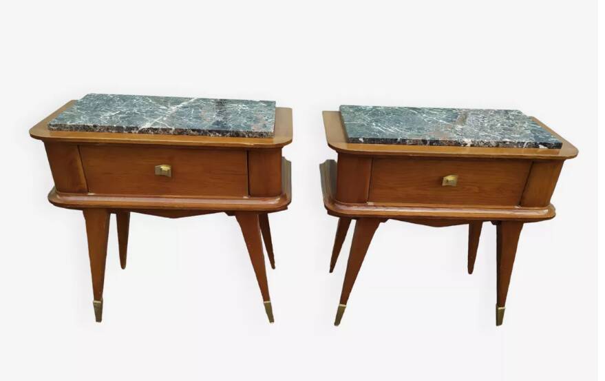 Set of 2 black white marble wood bedside tables with compass legs
