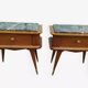 Set of 2 black white marble wood bedside tables with compass legs