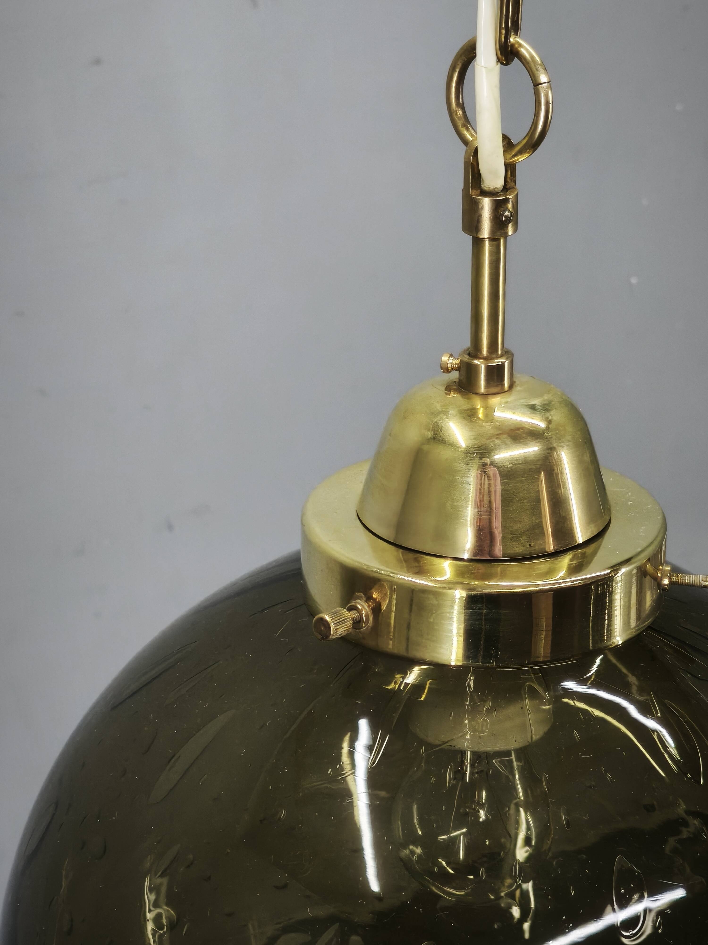 1970s Czech Smoked Glass Globe and Brass Pendant Light