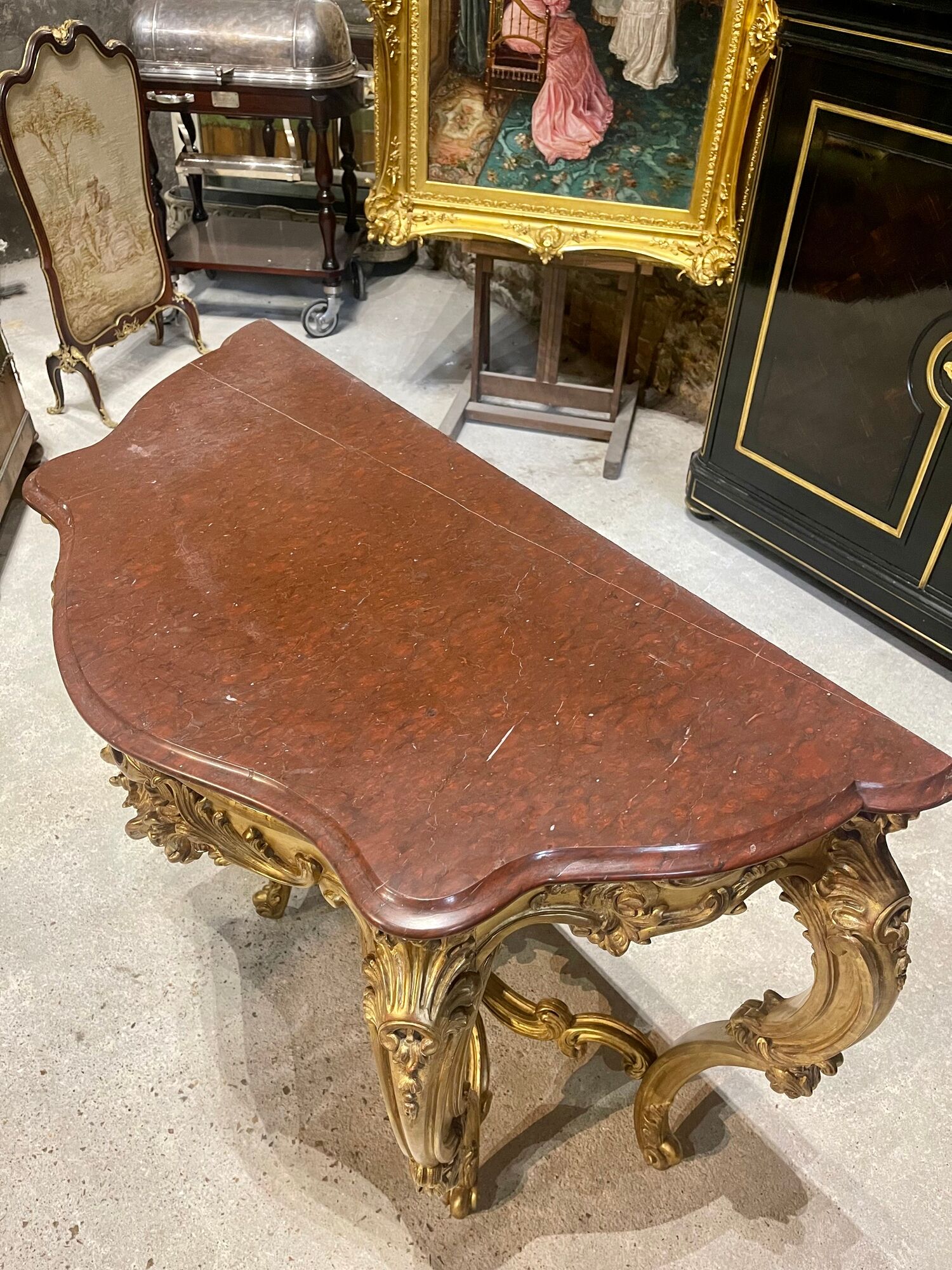 Console 4 legs Louis XV style Gilded wood period Napoleon III Griotte marble top