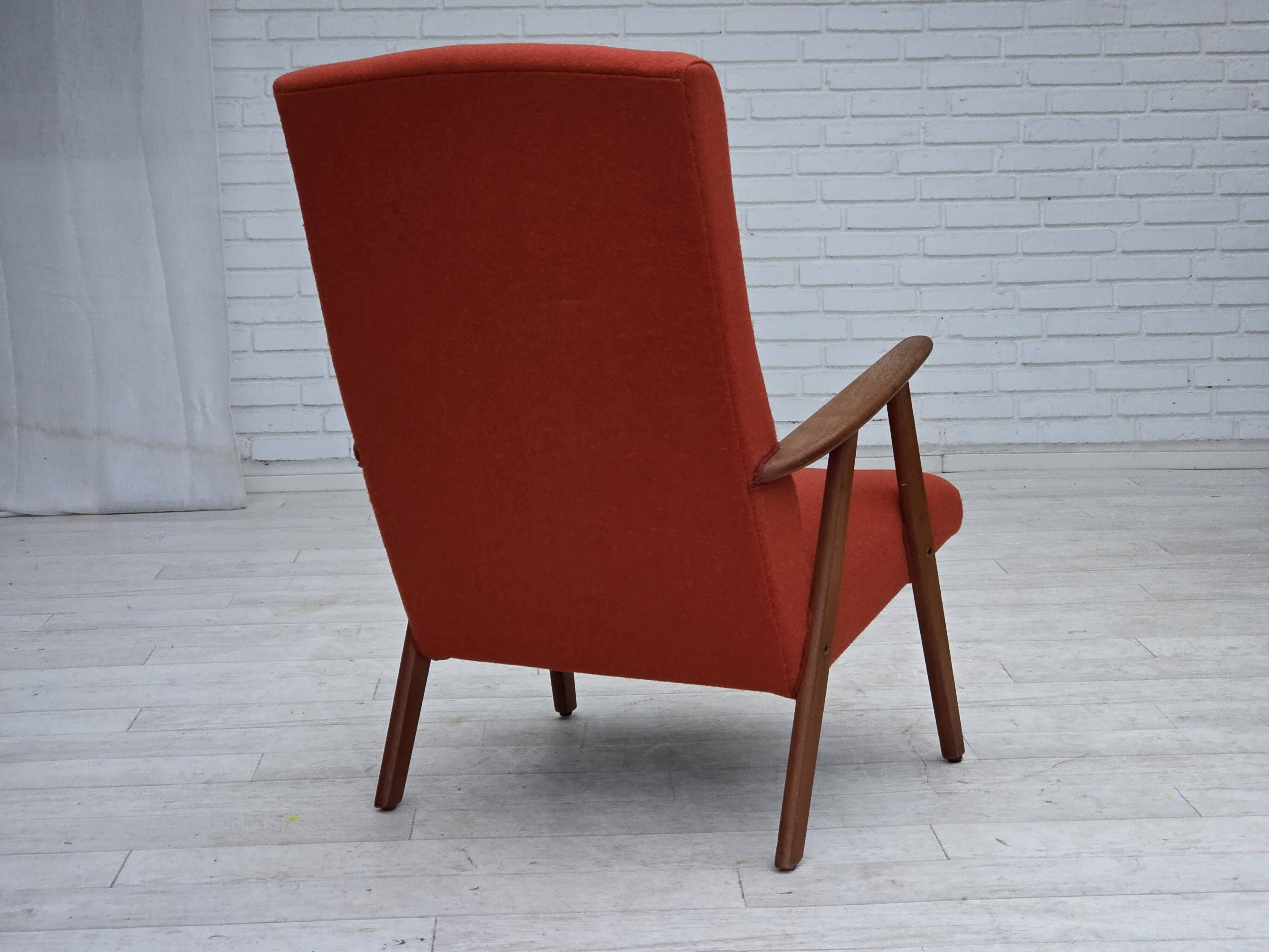 1970s, Danish highback armchair, furniture wool, teak wood, oak wood.