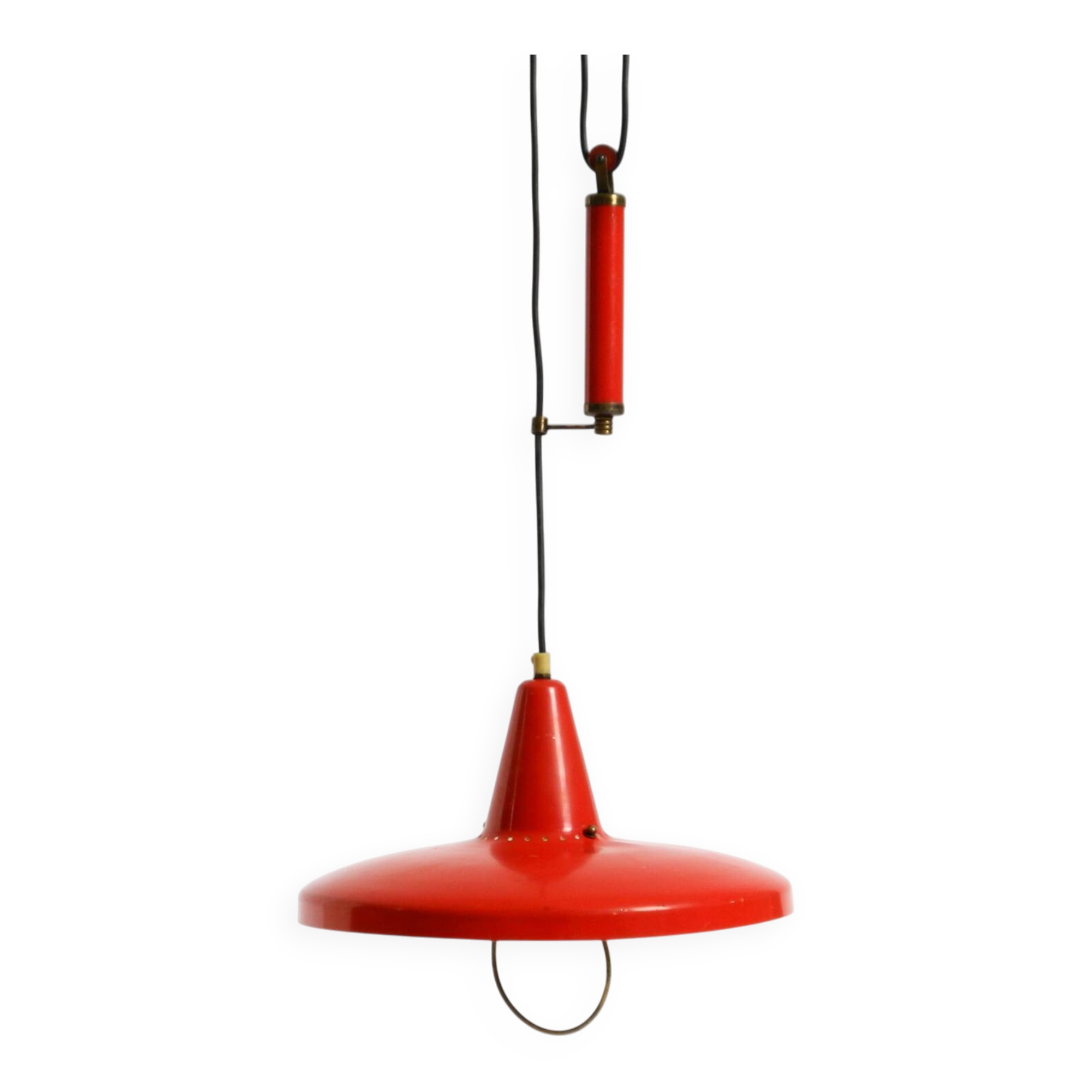 Mid-Century Modern red aluminum pendant lamp, height adjustable, Italy