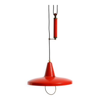 Mid-Century Modern red aluminum pendant lamp, height adjustable, Italy