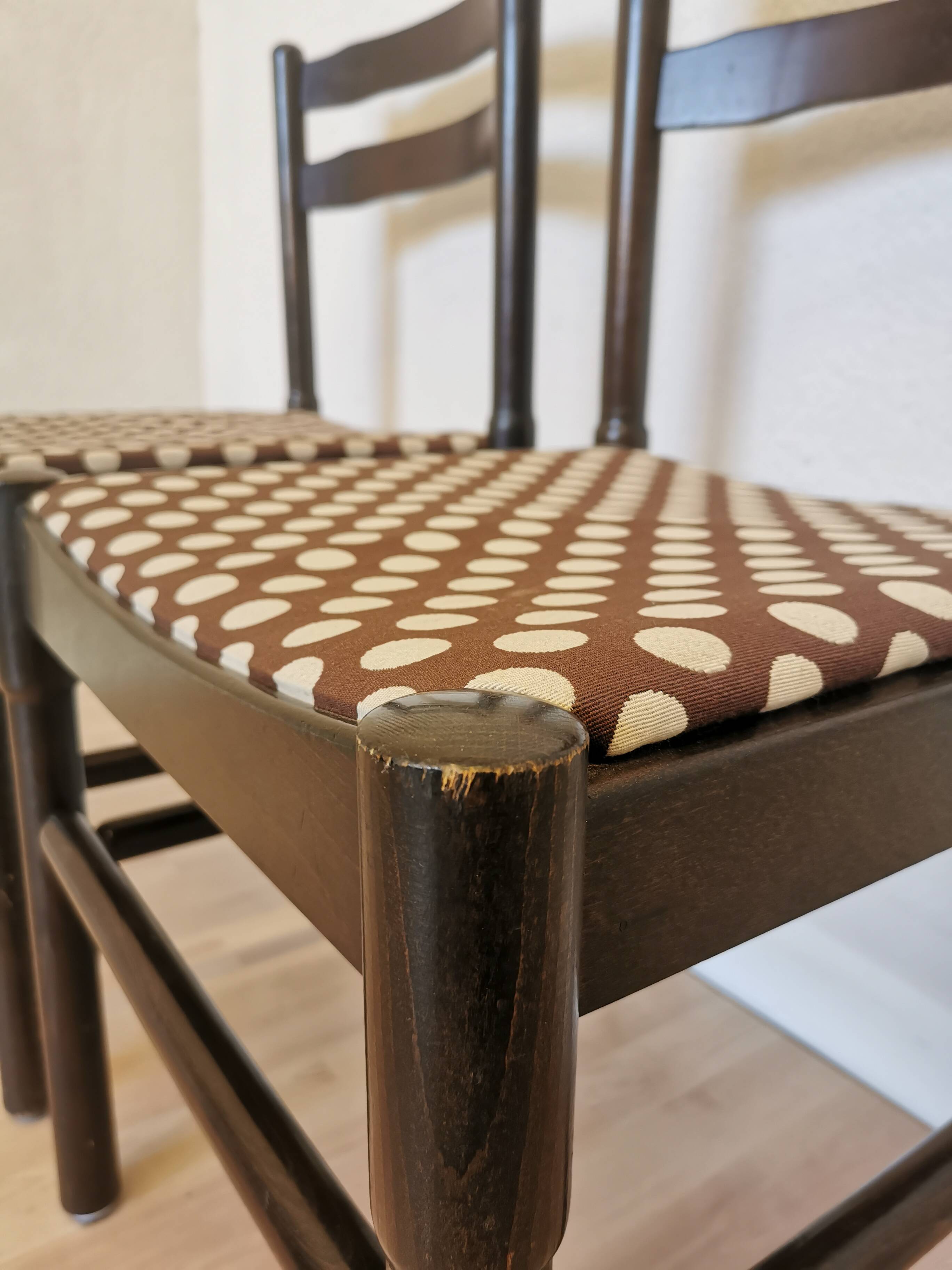 Set of 2 Vintage Wooden Dining Chairs: Brown & White Polka Dot Fabric 80s