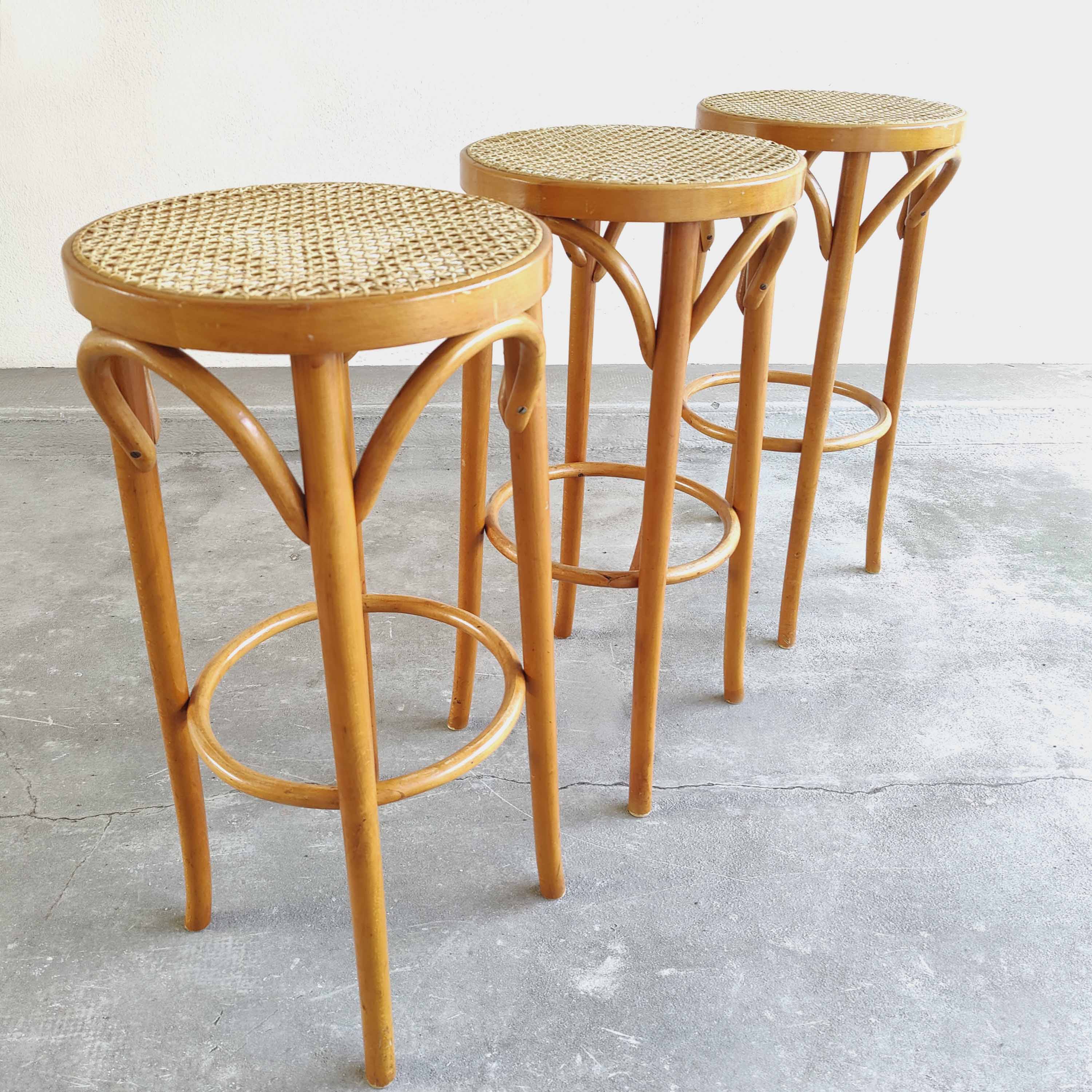Three bistro stool wood and cannage