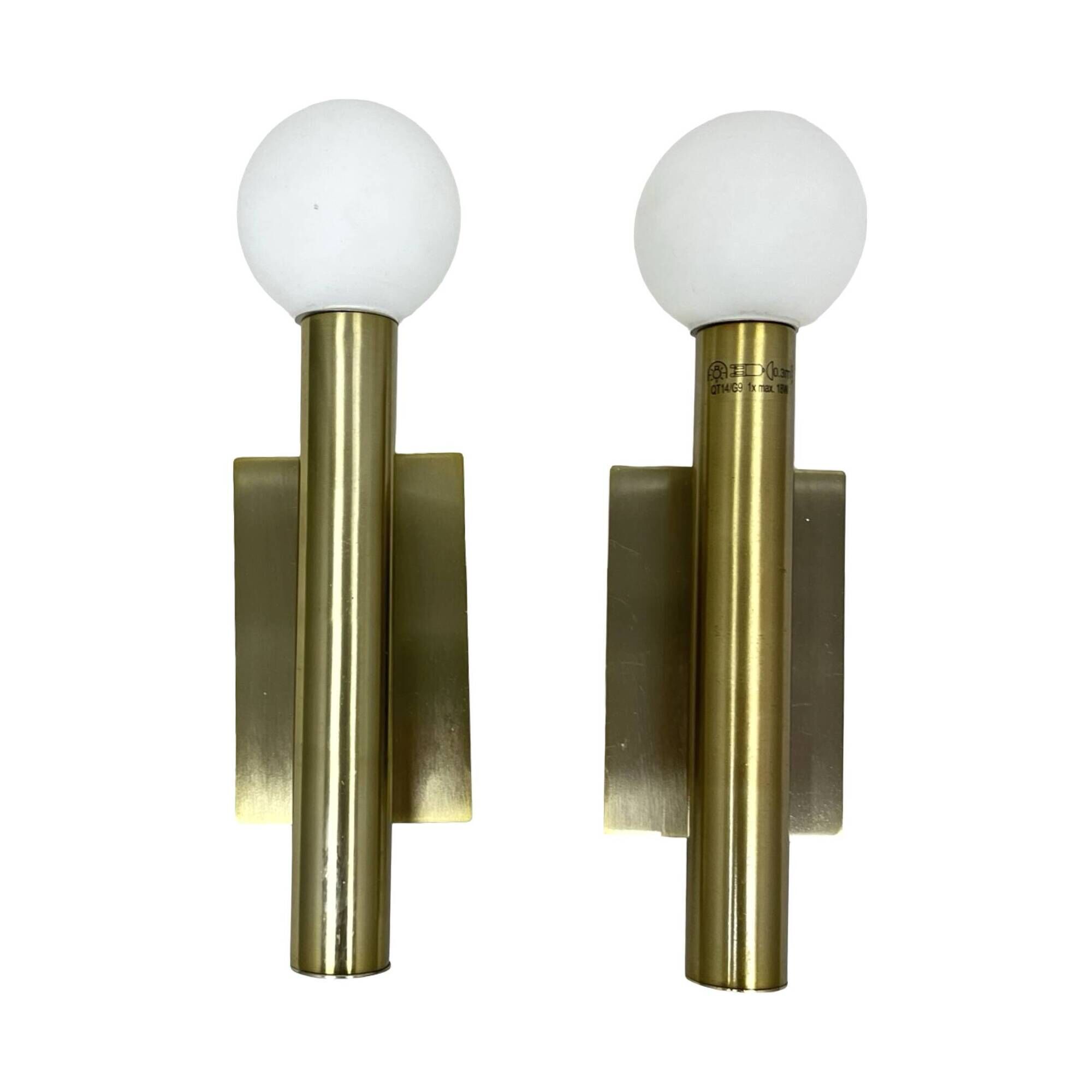 Pair of Lucky Brilliant wall sconces, brass and white globes, Art Deco styl