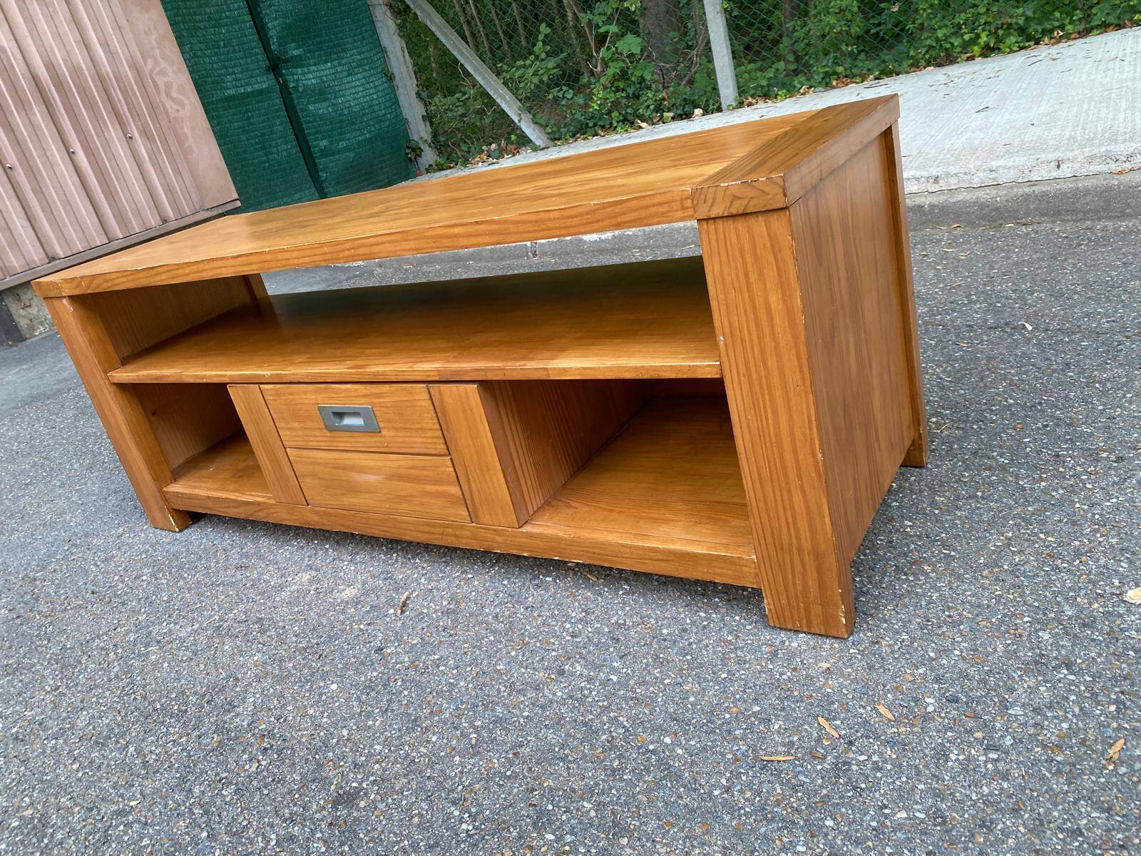 Solid pine wood TV unit stained with drawer and storage.