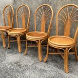 Ensemble table et chaises Exodia, bois et rotin, années 80