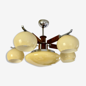 Art Deco chandelier yellow glass, wood and chrome