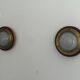 Pair of round glass wall lights, brass base and Wood Wood, 1960s, Italy.