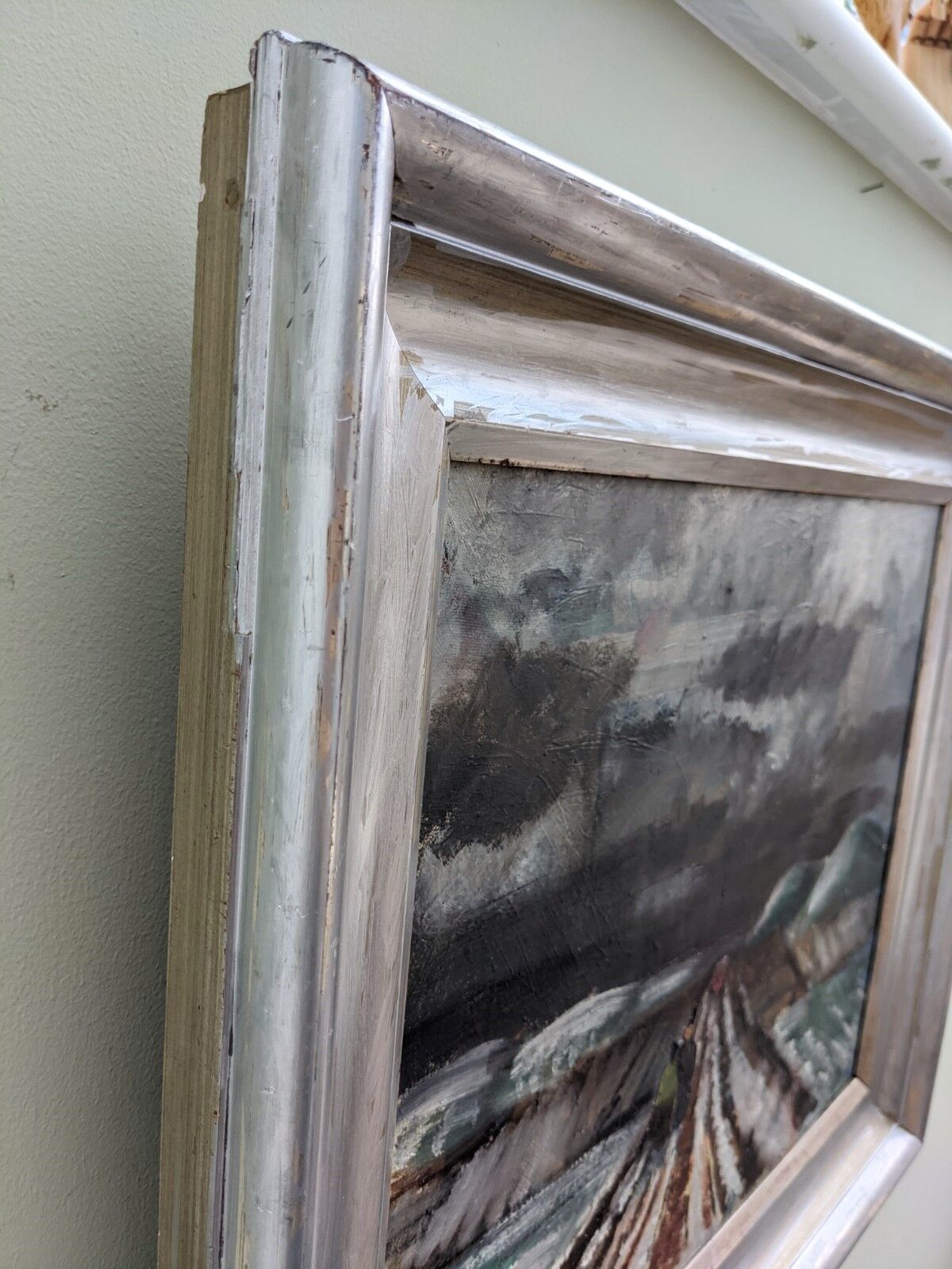 Vintage mid century modern winter landscape framed oil painting - the long road