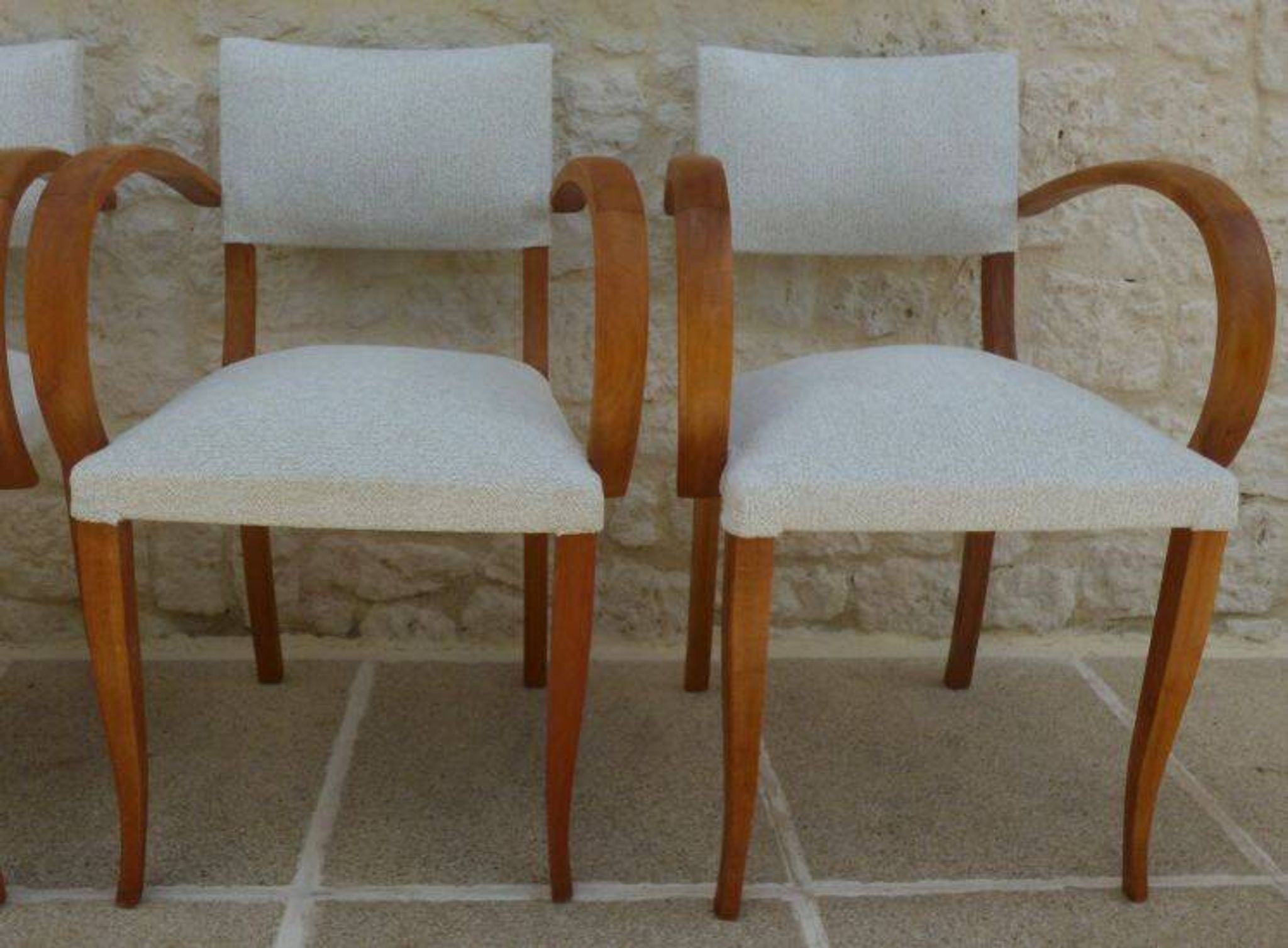 Fauteuils bridges chic année 50 en bois massif   blanc beige cousus main