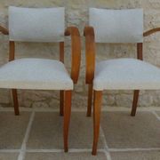 Fauteuils bridges chic année 50 en bois massif   blanc beige cousus main