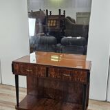 Art Decò dressing table in briar with large mirror and pink glass