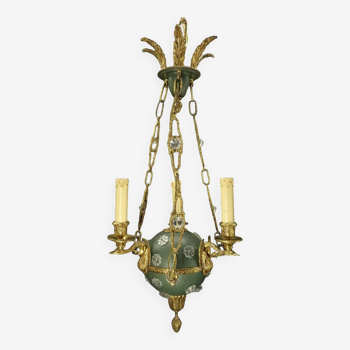 3-light chandelier, with swan heads, Empire style - bronze & glass