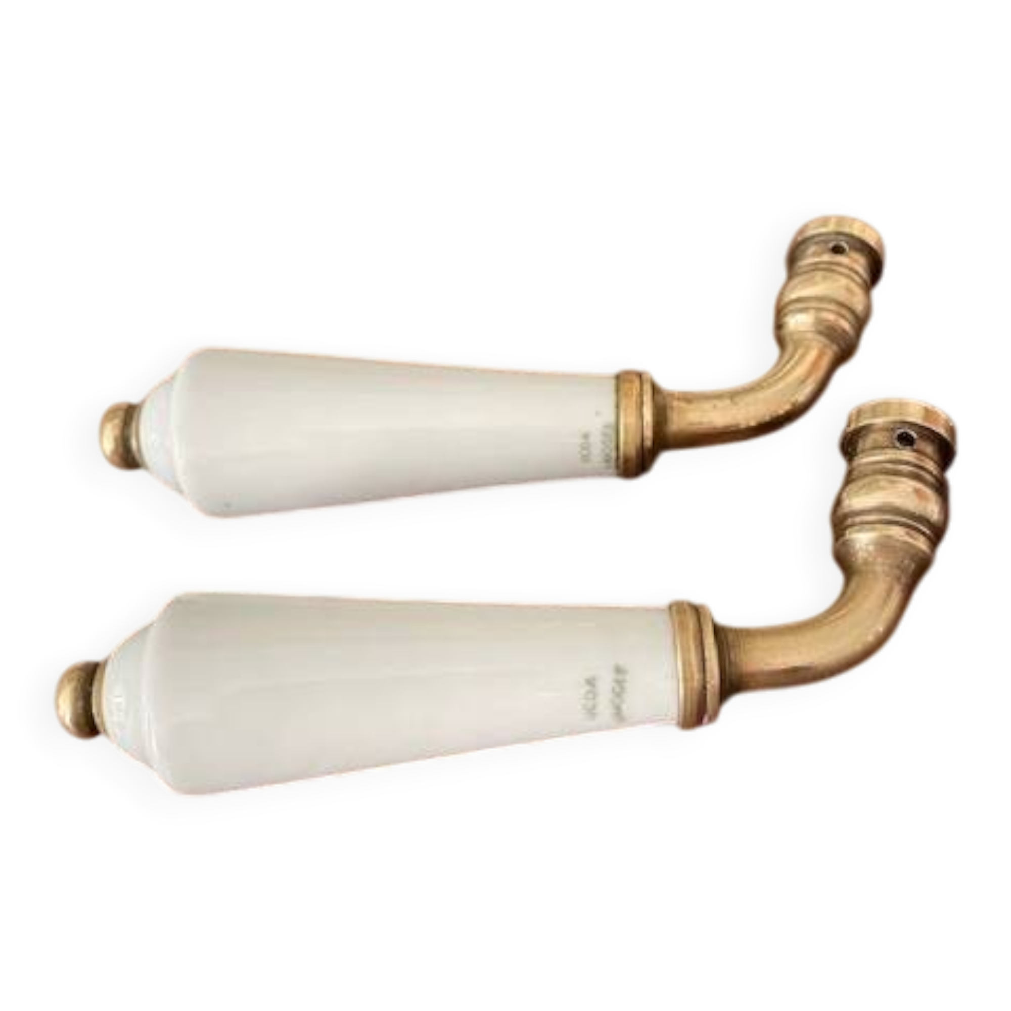pair of Limoges porcelain door handles and brass